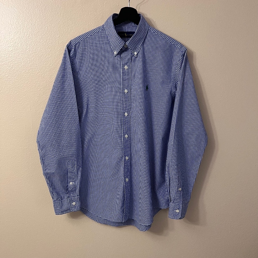 Ralph Lauren Men's Gingham Blue/White Shirt Long Sleeve  Casual Cotton Size M